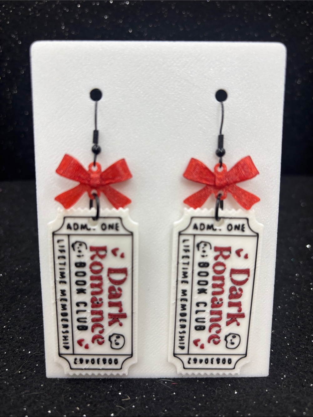 Dark Romance Book Club Ticket Earrings with Red Bow